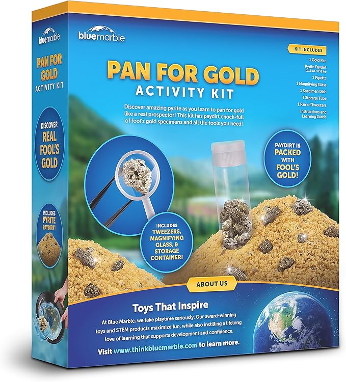 Blue Marble Gold Panning Kit for Kids - Learn to Pan for Gold, Includes Pay Dirt with Real Pyrite Specimens, Reusable Panning Pan, Vial, Tweezers & More