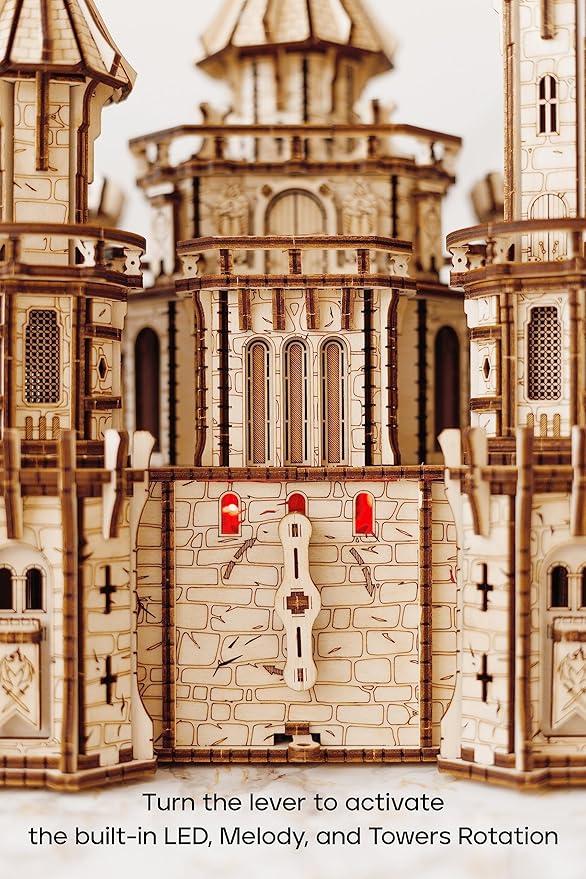 Wood Trick Dragon Castle Movable Wooden 3D Puzzles for Adults to Build - Red LED - Greensleeves Melody - Towers Rotating - Engineering DIY Project Mechanical Model Kits for Adults