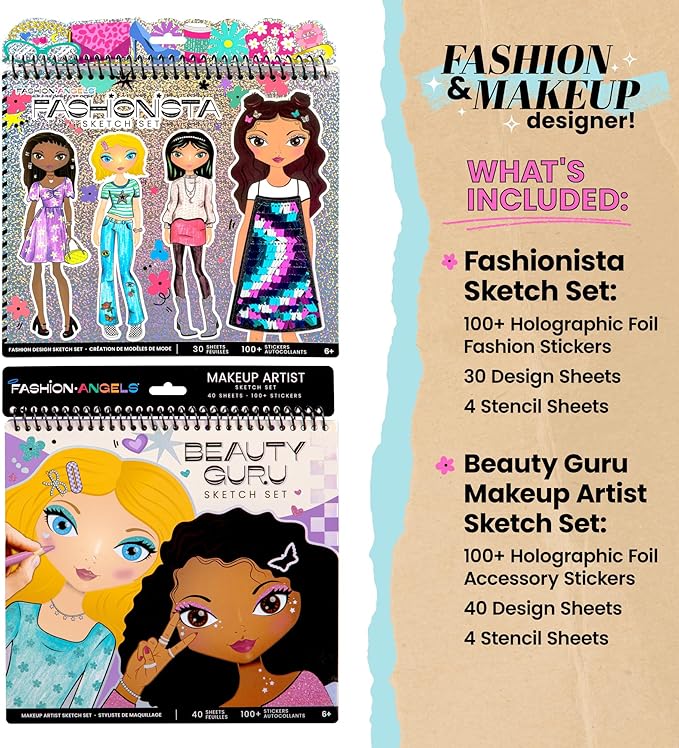 Fashion Angels Fashionista & Beauty Guru Sketch Sets Bundle, Pack of 2 Fashion Design & Make Up Artist Sketch Books, Ideal Gift & Party Favor for Girls, Kids, Tweens
