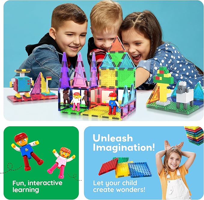 PicassoTiles 63pc Magnetic Tile Building Block Set with 2 Character Figures STEM 3D Construction Educational Toy for Kid Toddlers Boys Girls Age 3 Plus Montessori Learning Playset Creativity Kit PTL63