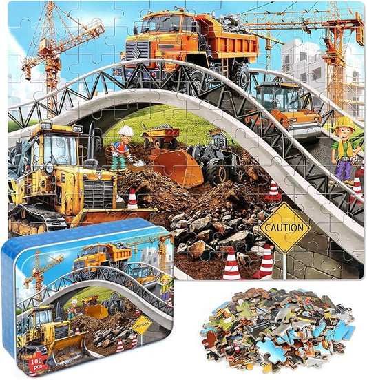 LELEMON Puzzles for Kids Ages 4-6,Construction Site 100 Piece Puzzles for Kids Ages 4-8 in a Metal Box,Educational Jigsaw Puzzles 100 Piece Puzzle Games Puzzle Toys for Girls and Boys