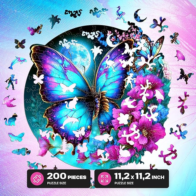 ESC WELT Wooden Butterfly Puzzle 200 Pieces - Captivating Mind Entertainment for Teens and Adults - Fun and Environmentally Friendly Toy - Wooden Puzzle