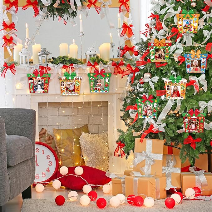 24 PCS Christmas Picture Frame Ornaments Paper DIY Photo Frame Craft Set Hanging Decorations For Christmas Tree Decor (Gift Box)