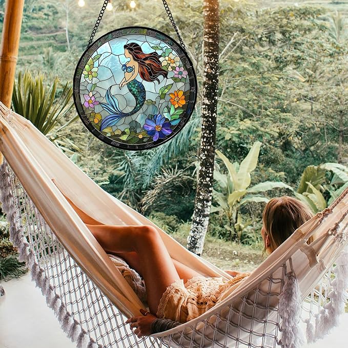 Stained Glass Window Hanging - Light Blue Mermaid Suncatcher for Door Terrace Garden Home Decor, Ocean Flowers Sun Catcher Birthday Gifts for Lovers Women Men Dad Mom Nana 15 in