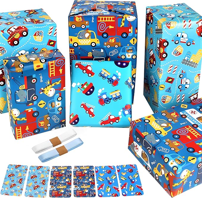 BWLOIES Wrapping Paper for Kids Boys Birthday Wrapping Paper Sheets with Police Car Fire Trucks Crane Ambulance Giraffe Elephant Children Birthday Gift Wrap Set with Tags Ribbion