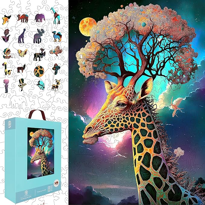 Wooden Jigsaw Puzzle for Adults and Kids Unique Shape Wood Colorful Beautiful Box Fun Challenge Brain Health Family Game Creative Gift for Friends Rompecabezas Madera(Giraffe 200pcs)