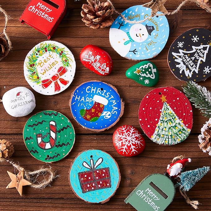 Wood Slices Kit, Shuttle Art 35 PCS Unfinished Natural Wood Slices with Pre-Drilled Hole, Acrylic Paint, Permanent Markers, Jute Twine, DIY Craft for Kids Adults Holiday Decoration Christmas Ornaments