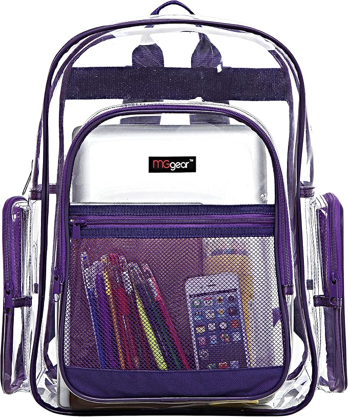 20-Pack Bulk Case Clear Backpack with Purple Trim Stitching, Wholesale 17.5-Inch Heavy Duty PVC Transparent Student Backpack for School Work Stadium Security Travel Sporting Events