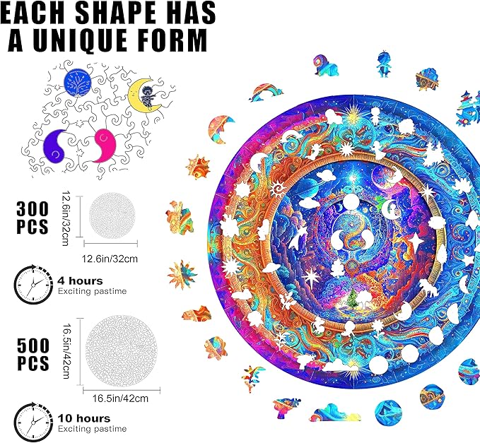 Mys Aurora Wooden Puzzles for Adults Mandala Premium Unique 300 Piece Medium Size 12.6" x 12.6" Jigsaw Puzzles Brain Teaser Puzzles, Beautiful Package, Best Gift for Adults Family Games