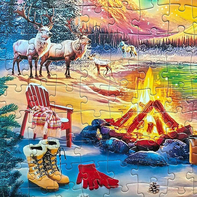 300 Piece Puzzles for Adults - Large Piece Jigsaw Puzzles for Seniors - Campfire Under The Northern Lights