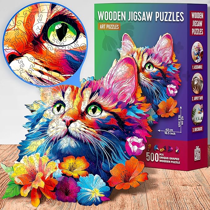 ESC WELT Wooden Cat Puzzle 500 Pieces - Captivating Mind Entertainment for Teens and Adults - Fun and Environmentally Friendly Toy - Challenging Jigsaw Game - Wooden Puzzle