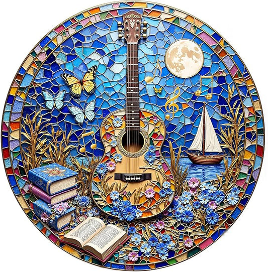 Wooden Puzzles for Adults, Stained Glass Guitar Wooden Jigsaw Puzzle for Adults, Music Books Wood Puzzles Adult, Unique Shape, Fun Presents for Friends, Wall Art Home Decor(S -8.5 * 8.4in-126 pcs)