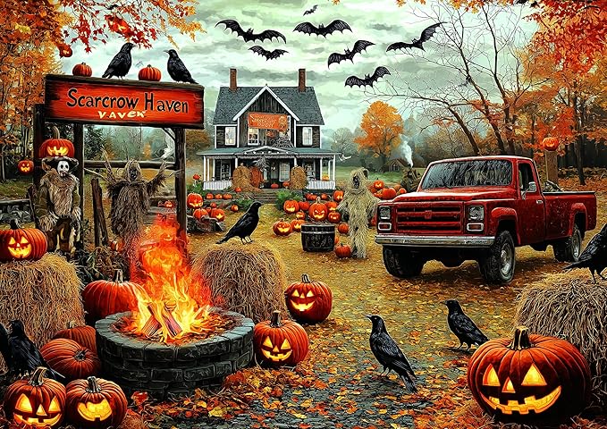 Halloween Scarecrow Haven 1000 Piece Jigsaw Puzzle for Adults Spooky Fall Farmhouse Scene with Jack-O-Lanterns, Ravens & Vintage Truck Challenging Puzzle Game (27.6"x19.7")