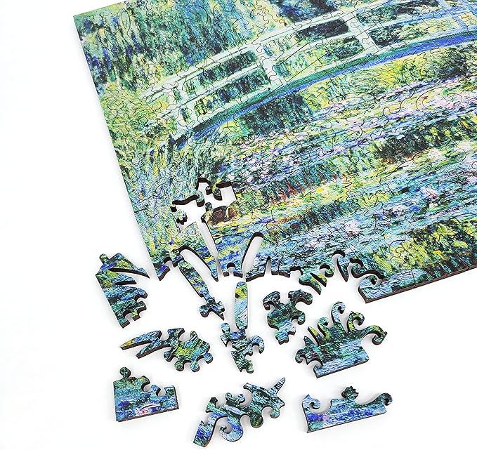 Wooden Jigsaw Puzzle for Adults - Uniquely Shaped Pieces - Made in The USA by FoxSmartBox - 210 Pieces - Water Lilies and Japanese Bridge