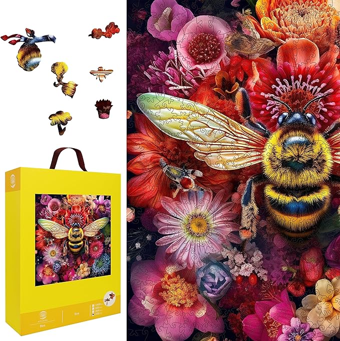 Wooden Jigsaw Puzzle for Adults and Kids Unique Shape Wood Colorful Beautiful Box Fun Challenge Brain Health Family Game Creative Gift for Friends Rompecabezas Madera(Bee 500pcs)