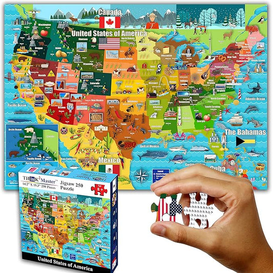 Think2Master United States Map 250 Pieces Jigsaw Puzzle Fun Educational Toy for Kids 8-10 10-12, School & Families. Great Gift for 8+ to Stimulate Learning of USA. Size: 14.2” X 19.3”