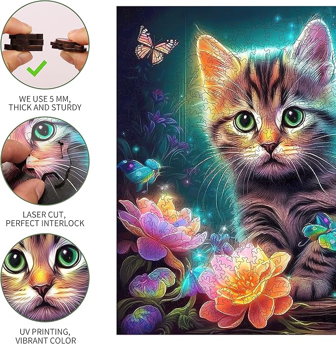 Mys Aurora Wooden Puzzles, Kitten in Dream Wooden Jigsaw Puzzles 200 Piece, Unique Luxurious Shaped Wood Puzzle for Adults and Kids, Best Gift for Birthday 11.2 x 11.2 Inch