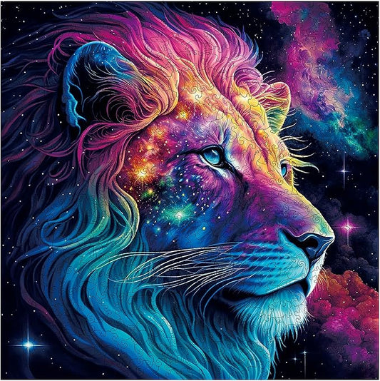 Mys Aurora Unique Wooden Jigsaw Puzzles - Starry Lion, 200 Pcs Medium Size 11.2'' x 11.2'', Luxurious Animal Shaped Wood Puzzle, Beautiful Package, Best Gift for Adults