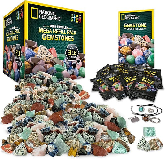 National Geographic Rock Tumbler Refill Kit – 3 lbs. of Rough Gemstones and Rocks for Tumbling Including Amethyst and Quartz – Rock Tumbler Supplies Include Rock Tumbler Grit and Jewelry Accessories