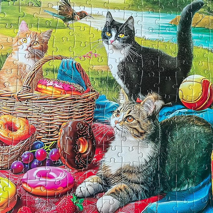 300 Piece Puzzles for Adults - Large Piece Jigsaw Puzzles for Kids Seniors - Picnic Kittens and Donut