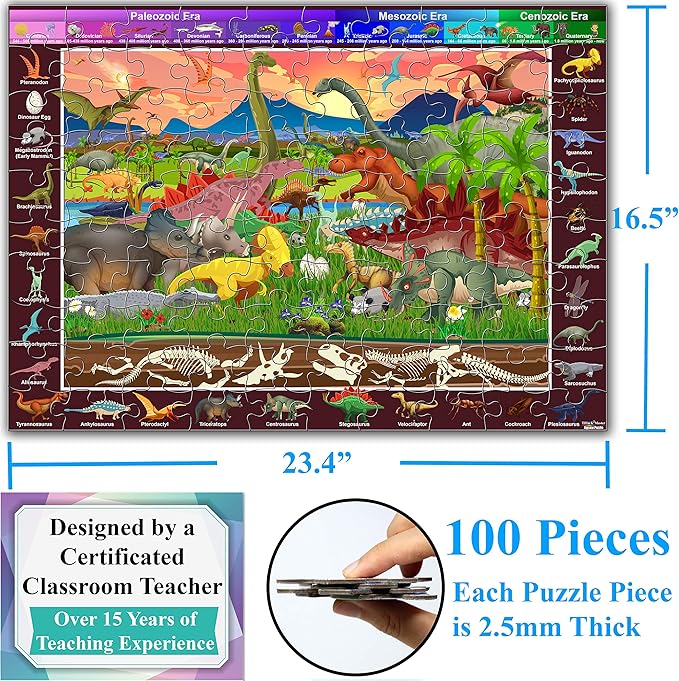 Think2Master 100 Pieces Dinosaurs Jigsaw Puzzle Fun Colorful Educational Toy for Kids, School & Families. Great Gift for Boys & Girls Ages 4-8 to Stimulate Learning. Size:23.4” X 16.5”