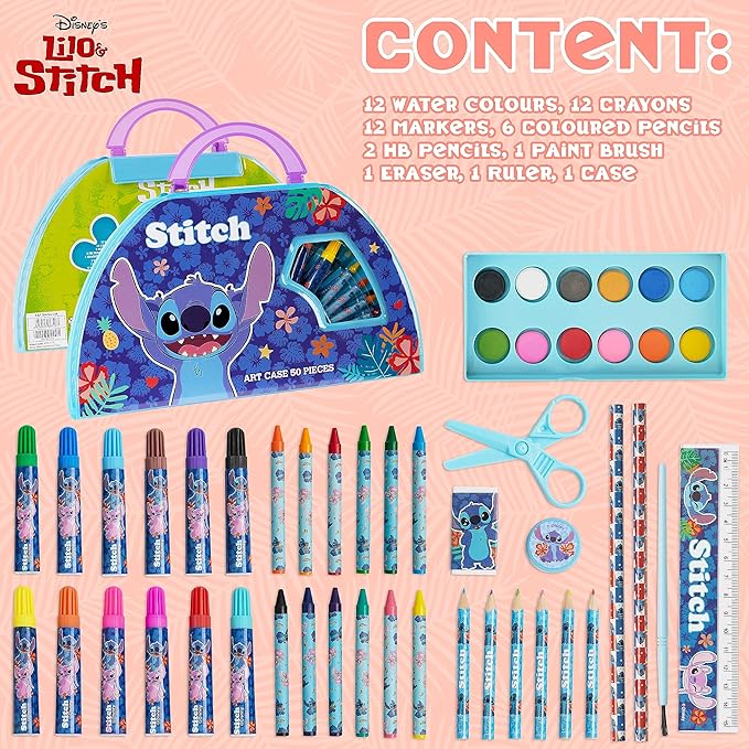 Disney Stitch Kids Art Set 40 Plus Pieces Princess Kids Colouring Sets Paints Colouring Pencils Markers Crayons Travel Art Supplies Gifts for Kids (Blue Stitch Set)