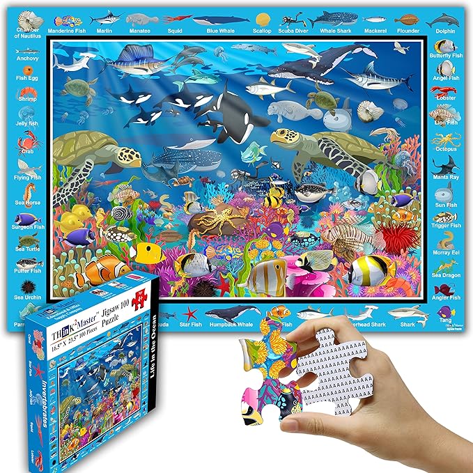 Think2Master Colorful Ocean Life 100 Pieces Jigsaw Puzzle Fun Educational Toy for Kids, School & Families. Great Gift for Boys & Girls Ages 4-8 to Stimulate Learning. Size:23.4” X 16.5”