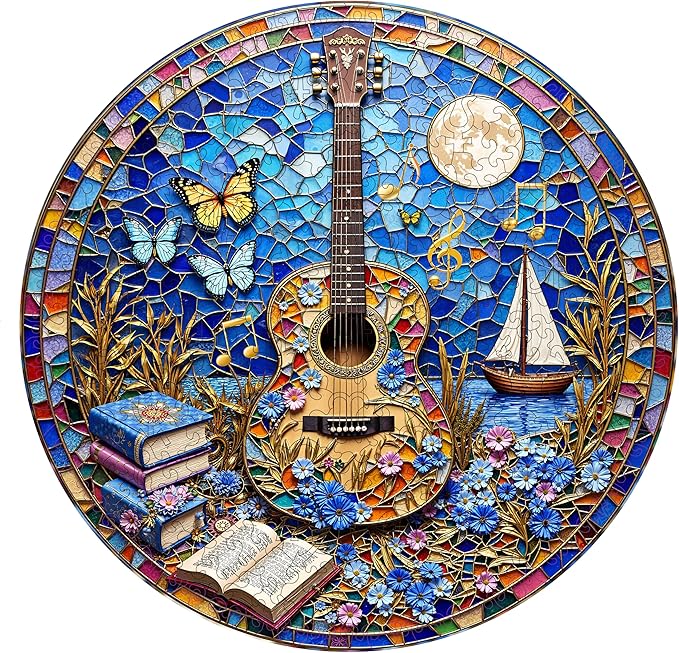 Wooden Puzzles for Adults, Stained Glass Guitar Wooden Jigsaw Puzzle for Adults, Music Books Wood Puzzles Adult, Unique Shape, Fun Presents for Friends, Wall Art Home Decor(L -13.4 * 13.3in-375 pcs)