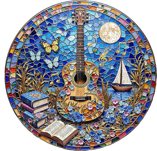 Wooden Puzzles for Adults, Stained Glass Guitar Wooden Jigsaw Puzzle for Adults, Music Books Wood Puzzles Adult, Unique Shape, Fun Presents for Friends, Wall Art Home Decor(M -11.4 * 11.3in-224 pcs)