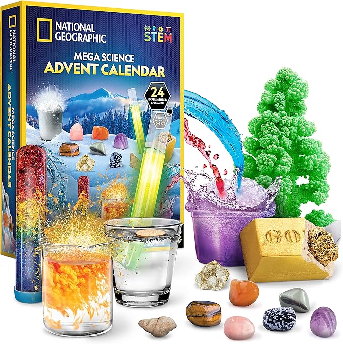 NATIONAL GEOGRAPHIC Science Kit & Rock Collection Advent Calendar 2025 – Jumbo Advent Calendar with 24 Days of Science Experiments, Gemstones & More for Kids, STEM Projects for Kids Ages 8-12