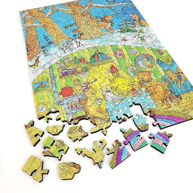 Wooden Jigsaw Puzzle for Adults - Uniquely Shaped Pieces - Made in The USA by FoxSmartBox - 195 Pieces - Visiting The Bear