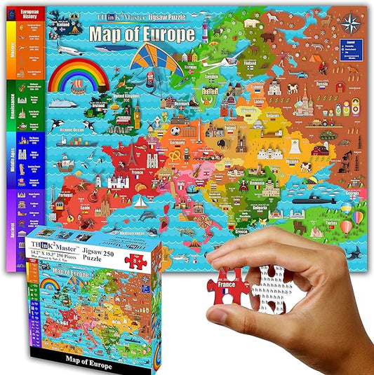 Think2Master Colorful Map of Europe 250 Pieces Jigsaw Puzzle Fun Educational Toy for Kids, School & Families. Great Gift for Boys & Girls Ages 8+ for Learning European History. Size: 14.2” X 19.3”