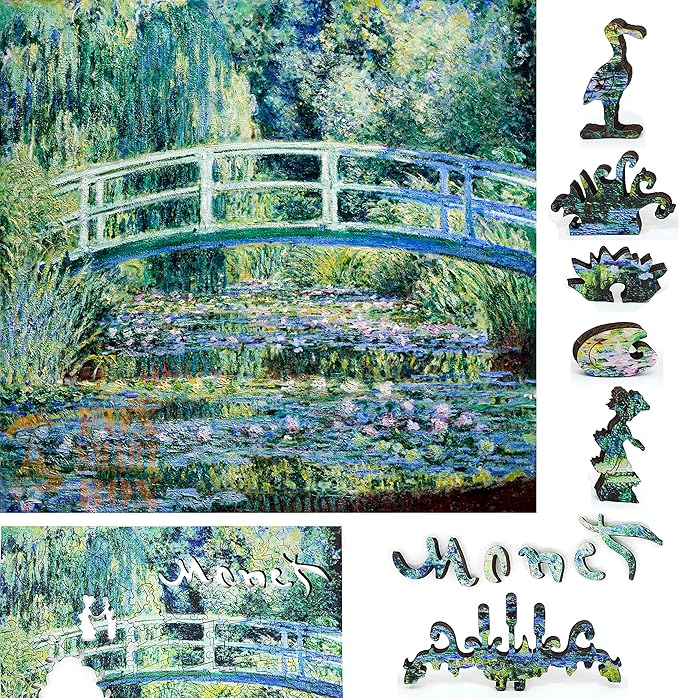 Wooden Jigsaw Puzzle for Adults - Uniquely Shaped Pieces - Made in The USA by FoxSmartBox - 210 Pieces - Water Lilies and Japanese Bridge