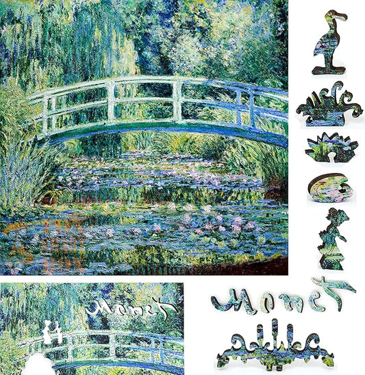 Wooden Jigsaw Puzzle for Adults - Uniquely Shaped Pieces - Made in The USA by FoxSmartBox - 210 Pieces - Water Lilies and Japanese Bridge