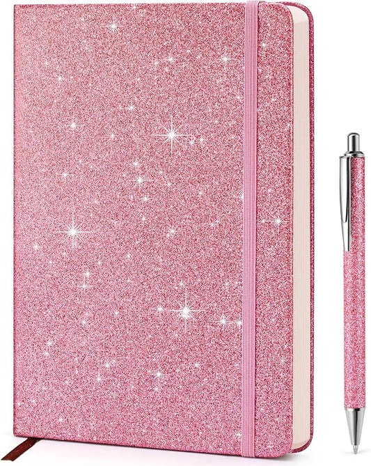 Pink Glitter Notebook, 8.4"x 5.7", 200 Lined Pages, No-Shed Sparkle Journal for Girls & Women, A5 Hardcover Diary for Writing, Birthday Gift for Teen Kids, Trendy Stuff for 6 8 9 10 11 12 Year Old