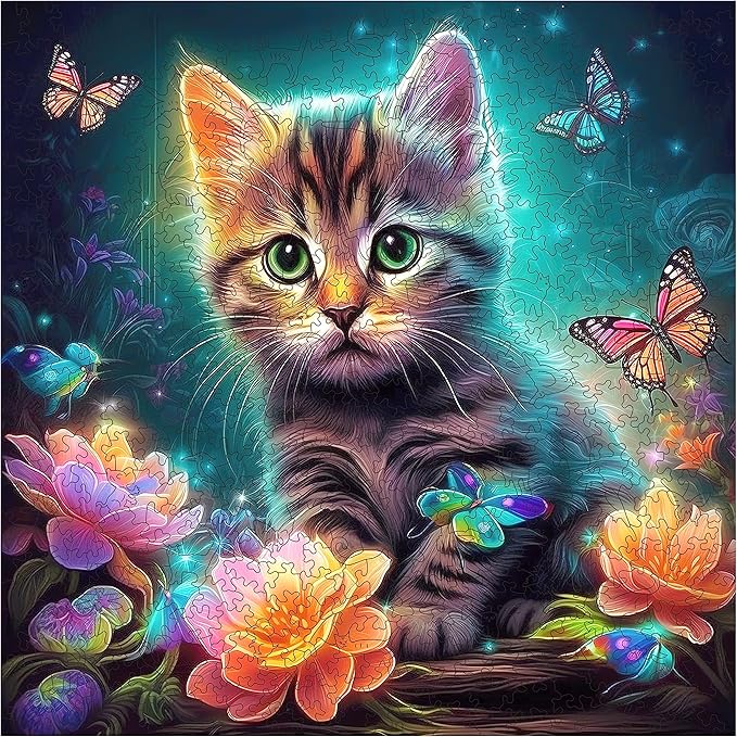 Mys Aurora Wooden Puzzles, Kitten in Dream Wooden Jigsaw Puzzles 200 Piece, Unique Luxurious Shaped Wood Puzzle for Adults and Kids, Best Gift for Birthday 11.2 x 11.2 Inch