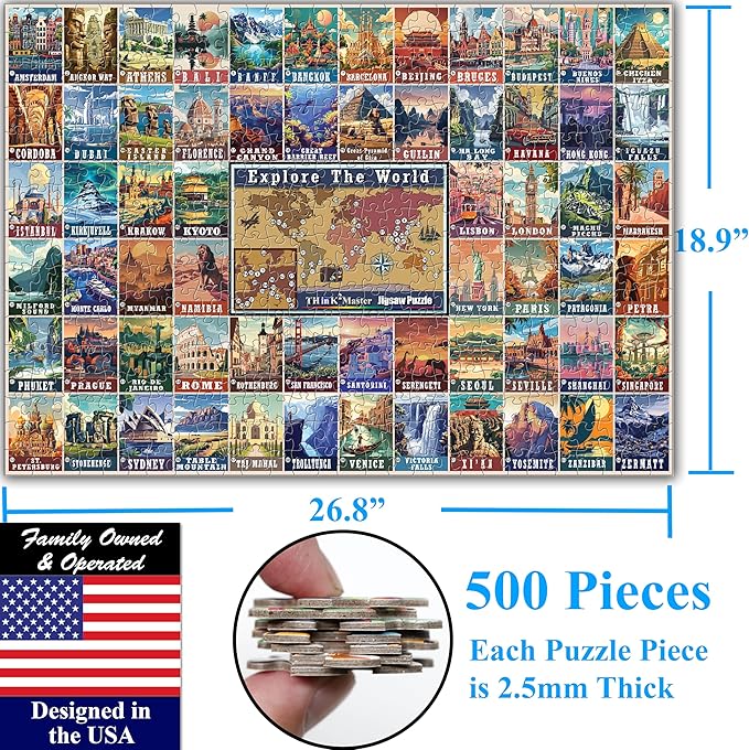 Think2Master Colorful Vintage World Travel Poster 500 pieces Large Format Jigsaw Puzzle for kids 12+, teens, adults & families. Great gift for people intent in traveling the World. Size: 26.8” X 18.9”