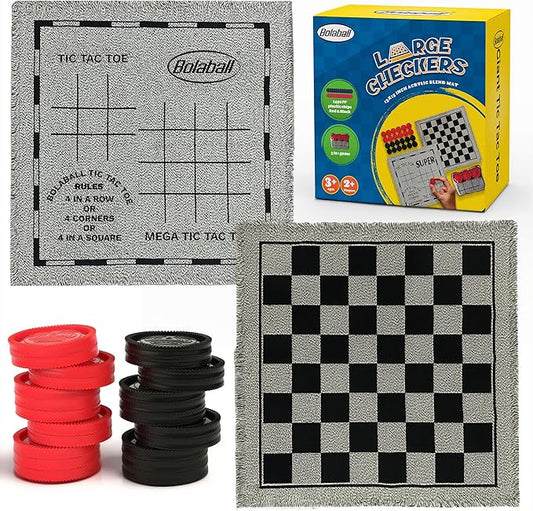 Bolaball 3-in-1 Checkers, Tic Tac Toe Jumbo Game, Reversible Carpet, Indoor Outdoor Yard Board Game for Family and Friends with 24 Chips (Large Checker)