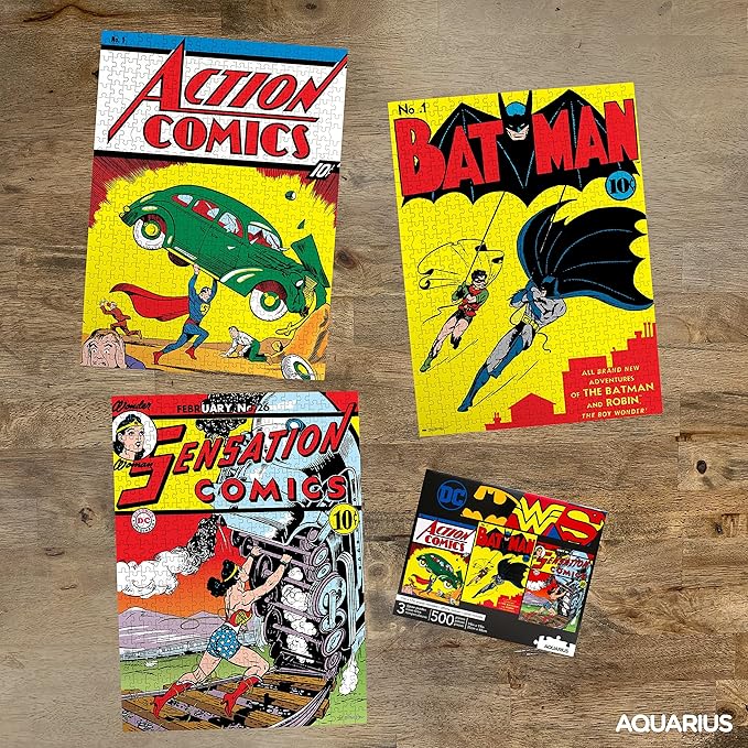 Aquarius DC Comics 3 x 500 Piece Jigsaw Puzzle Set with Bonus Poster – Superhero Puzzle Pack for Adults, Kids & Families | Superman, Batman & Wonder Woman