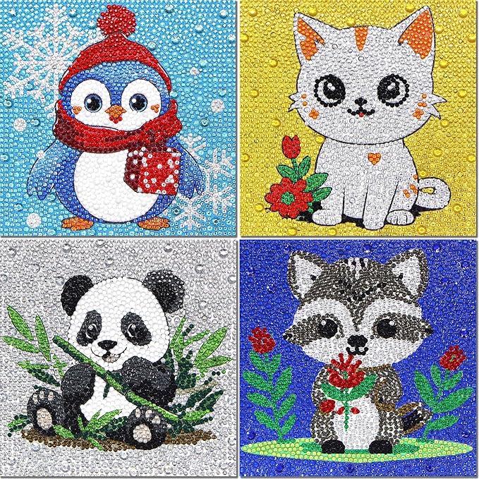 Libfx Diamond Art Kits for Kids 4 Pcs Diamond Art for Girls Boys Beginners Arts and Crafts for Kids Ages 8-12 (Penguin Panda)