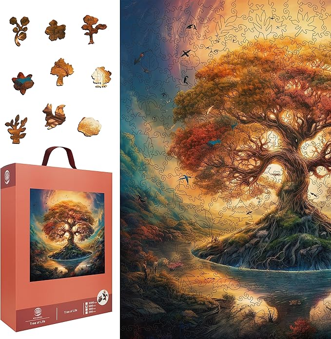 Wooden Jigsaw Puzzle for Adults and Kids Unique Shape Wood Colorful Beautiful Box Fun Challenge Brain Health Family Game Creative Gift for Friends Rompecabezas Madera(Tree of Life 500pcs)