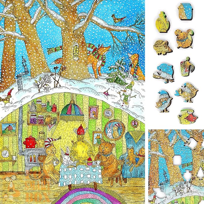 Wooden Jigsaw Puzzle for Adults - Uniquely Shaped Pieces - Made in The USA by FoxSmartBox - 195 Pieces - Visiting The Bear