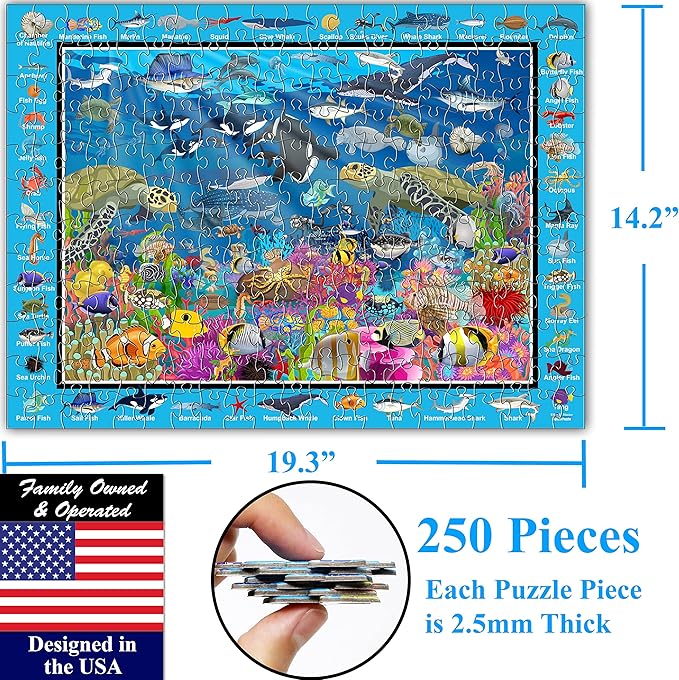 Think2Master Ocean Life 250 Pieces Jigsaw Puzzle Fun Educational Toy for Kids, Boys, Girls, School & Families. Great Gift for Boys & Girls Ages 8-10+ to Stimulate Learning. 14.2” X 19.3”