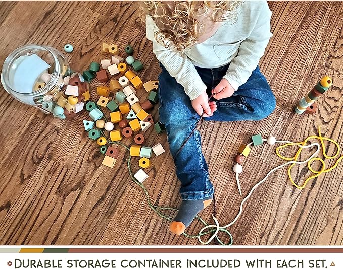 Wooden Lacing Beads & Strings 125 Pieces, Fine Motor Skills Toys for 3 Year Old, Boho Colors