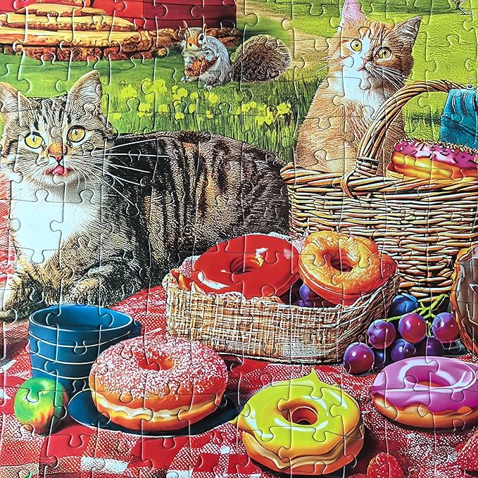 300 Piece Puzzles for Adults - Large Piece Jigsaw Puzzles for Kids Seniors - Picnic Kittens and Donut