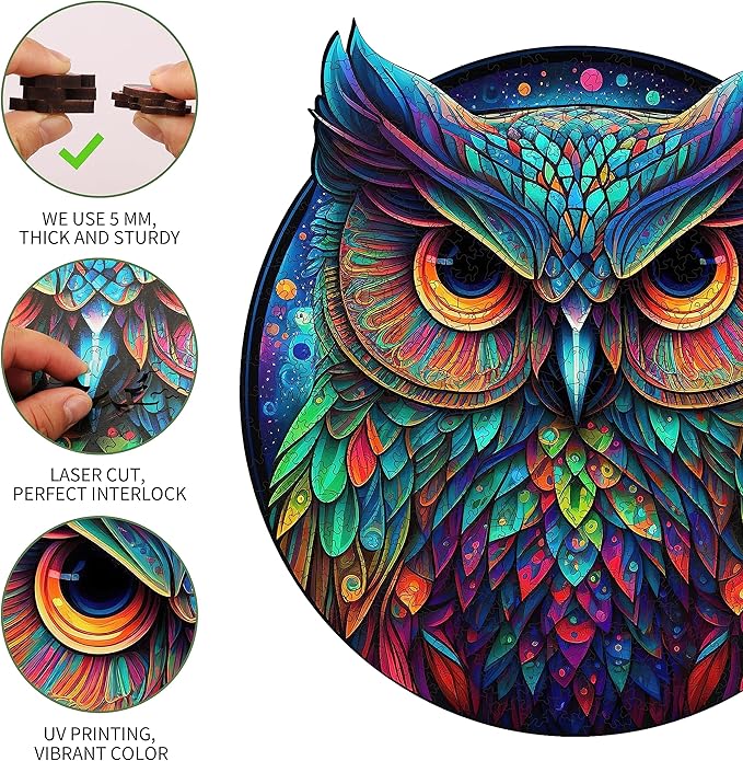 Mys Aurora Unique Wooden Jigsaw Puzzles - Cute Owl, 200 Pcs Medium Size 11.2'' x 10.5'', Luxurious Animal Shaped Wood Puzzle, Beautiful Package, Best Gift for Adults
