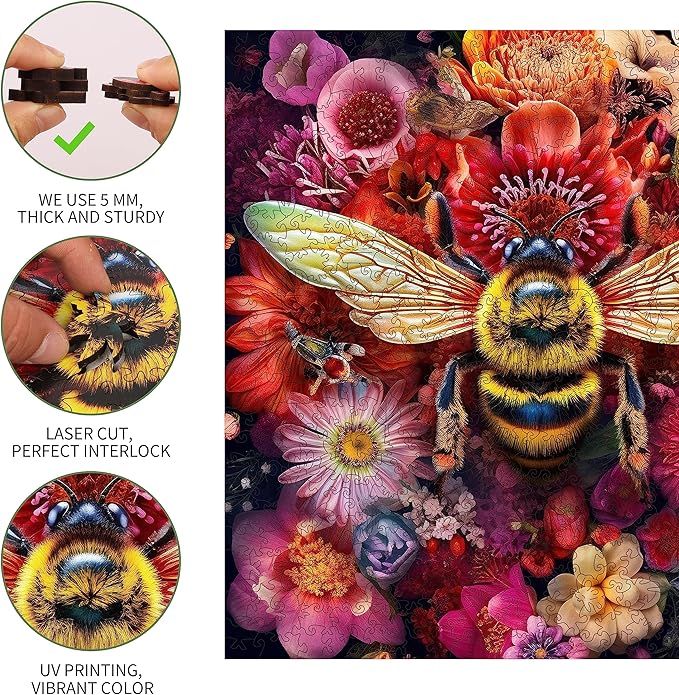 Wooden Jigsaw Puzzle for Adults and Kids Unique Shape Wood Colorful Beautiful Box Fun Challenge Brain Health Family Game Creative Gift for Friends Rompecabezas Madera(Bee 500pcs)