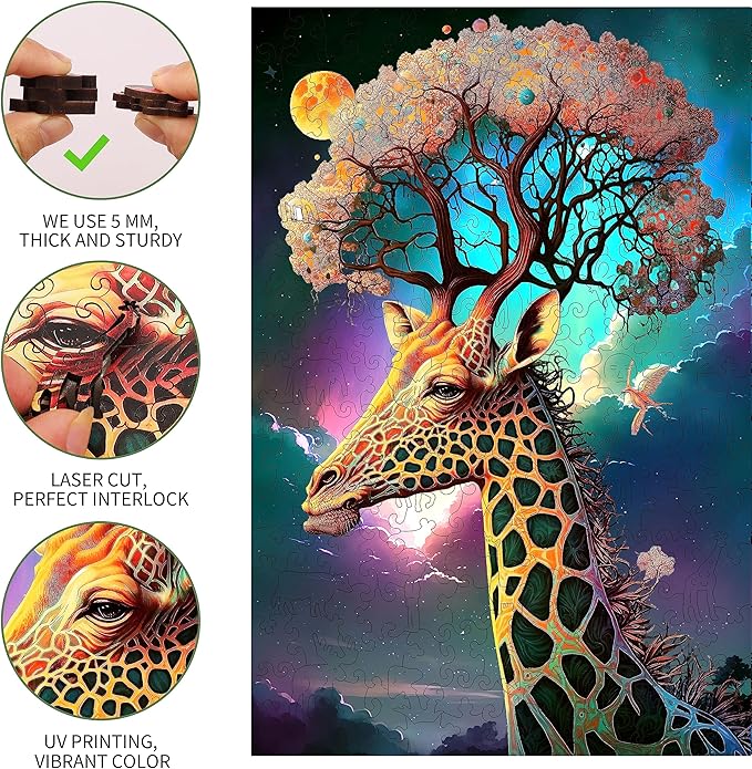 Wooden Jigsaw Puzzle for Adults and Kids Unique Shape Wood Colorful Beautiful Box Fun Challenge Brain Health Family Game Creative Gift for Friends Rompecabezas Madera(Giraffe 200pcs)