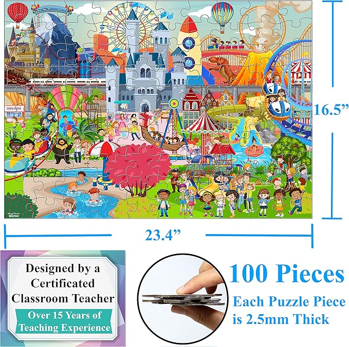 Think2Master Amusement Park 100 Pieces Jigsaw Puzzle Fun Educational Toy for Kids, School & Families. Great Gift for Boys & Girls Ages 4-8 to Stimulate Learning. Size:23.4” X 16.5”