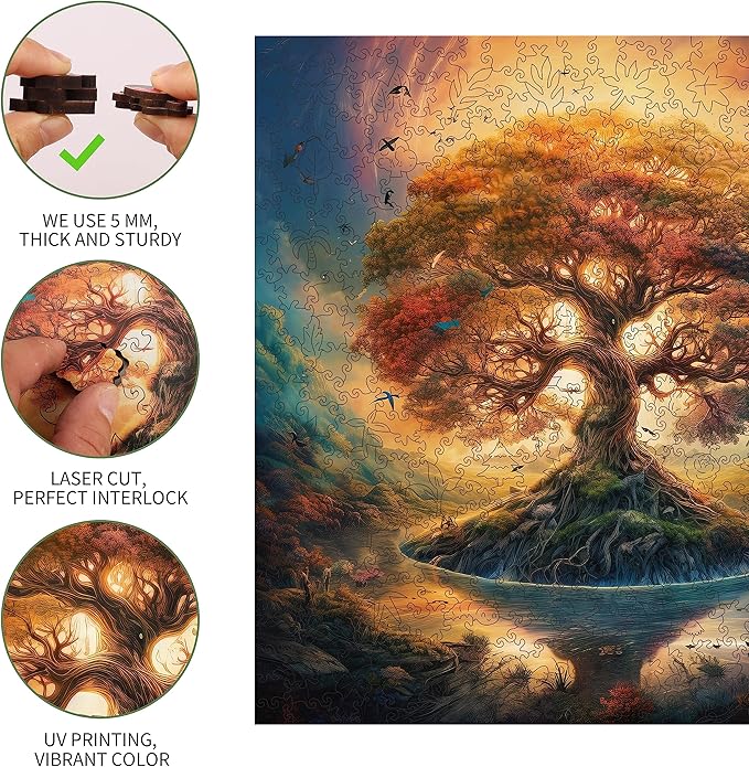Wooden Jigsaw Puzzle for Adults and Kids Unique Shape Wood Colorful Beautiful Box Fun Challenge Brain Health Family Game Creative Gift for Friends Rompecabezas Madera(Tree of Life 500pcs)